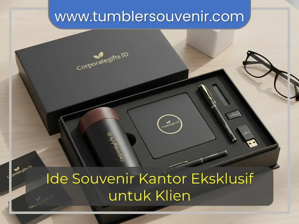 Contoh tren merchandise perusahaan 2025 berupa tumbler, tas kain, dan powerbank custom berlogo perusahaan